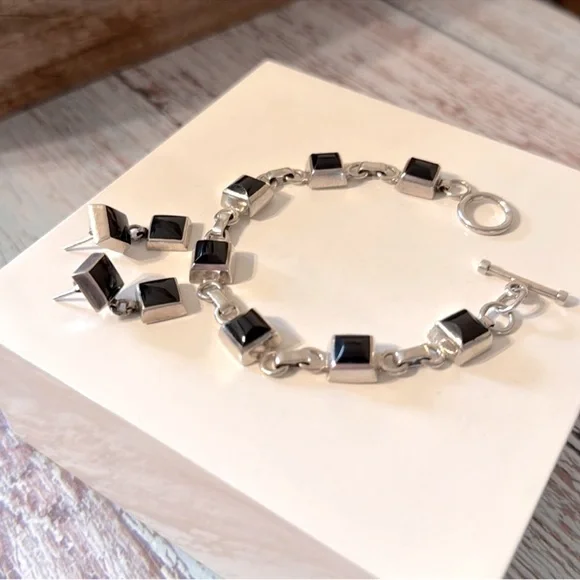 Mexico 925 vintage onyx and sterling bracelet with earrings - Picture 3 of 8